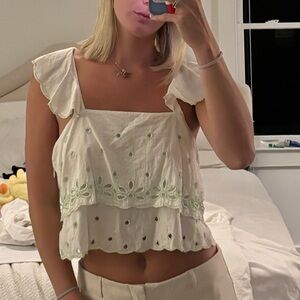 Urban Outfitters Cream Ruffled Top with green beading